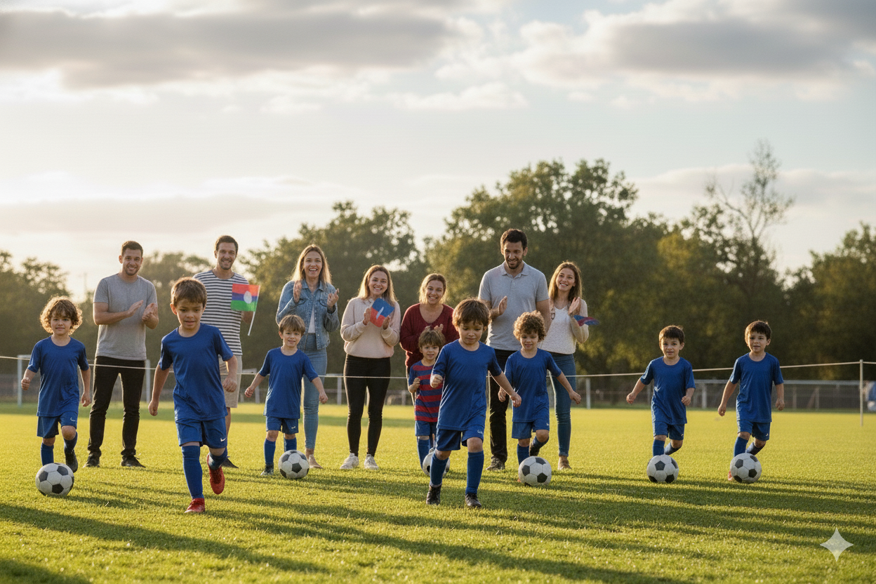 bambini che si allenano a calcio mentre i genitori li guardano orgogliosi colori delle magli dei bambini rosso e blu orizzontale